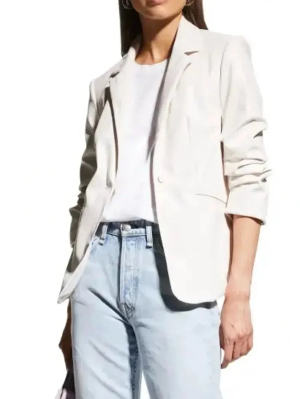 Womens Cinq a Sept Kylie White (Item-306) Ruched 3/4-Slv Faux Leather Blazer 0